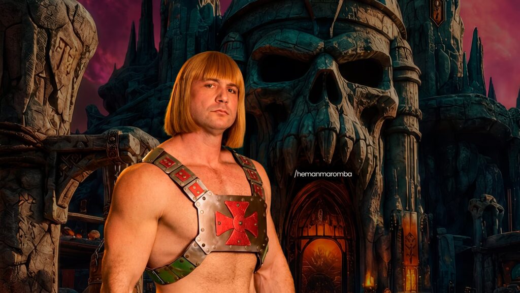 He-Man Maromba de lado. Ao fundo o castelo de Grayskull