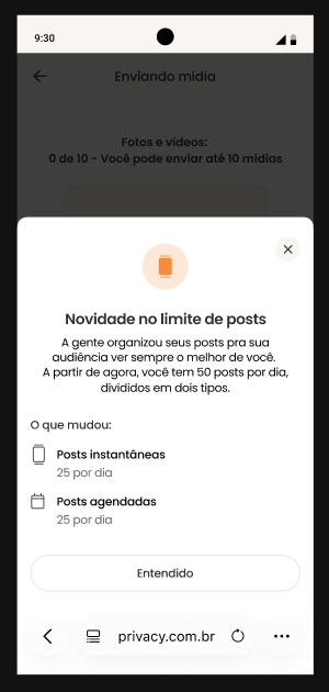 Aviso da novidade dentro da Privacy, na primeira vez que a criadora for postar