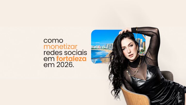 A creator Lillyseretss posando para uma foto. Ao fundo, uma imagem mostrando a cidade de Fortaleza com as palavras "Como monetizar em Fortaleza em 2026"