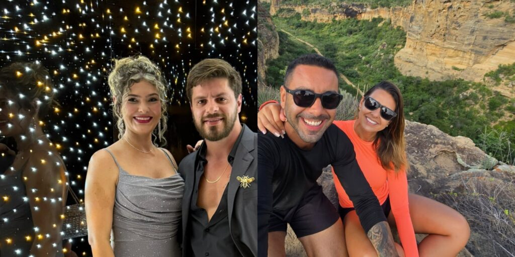 Casais "Casal Luar" e "Nino e Aline" posando lado a lado, sorridentes
